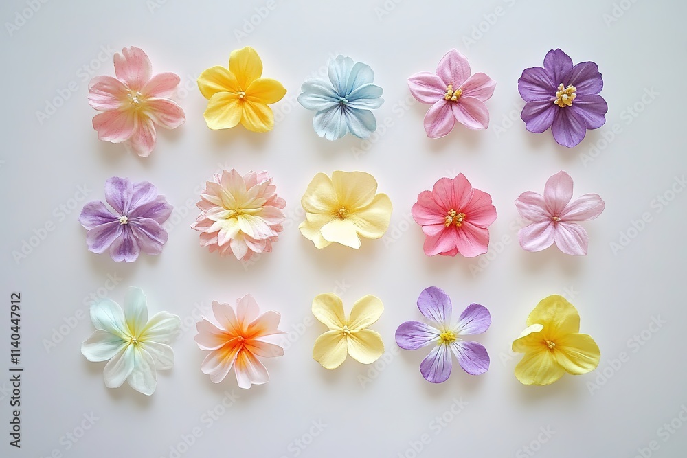 Obraz premium Pastel paper flowers in rows on white background.