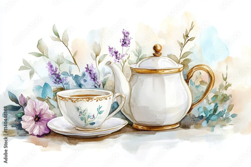 Set of tea cup, pot and flowers. Watercolor collection of vintage teapot, teacup and blossom. Water paint Set of tea cup, pot and flowers. Watercolor collection of vintage teapot, teacup and blossom. Water paint