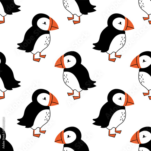 A seamless pattern with cute puffins. A fun print with Atlantic bird. Wrapping, wallpaper, background, poster, textile, notepad cover, texture template.