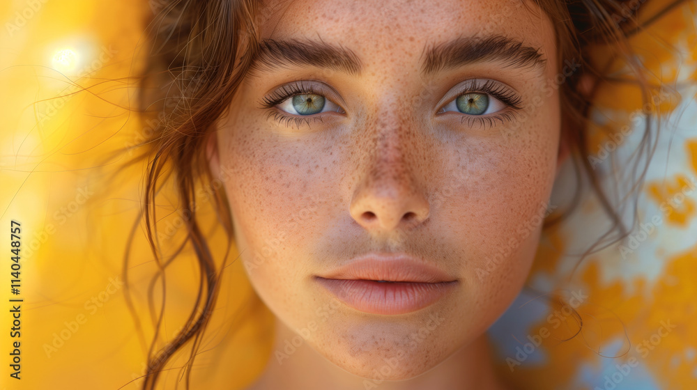 Freckled Woman with Bright Eyes and Loose Hair, Golden Yellow Background, Sunlit Glow Freckled Woman with Bright Eyes and Loose Hair, Golden Yellow Background, Sunlit Glow