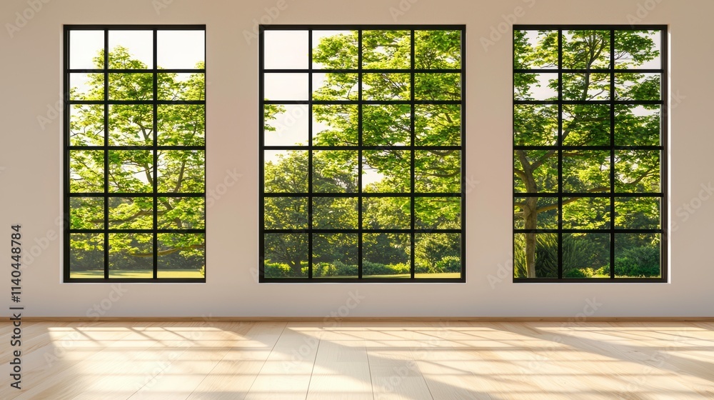 Fototapeta premium Modern Minimalist Interior with Large Windows Overlooking Lush Green Trees