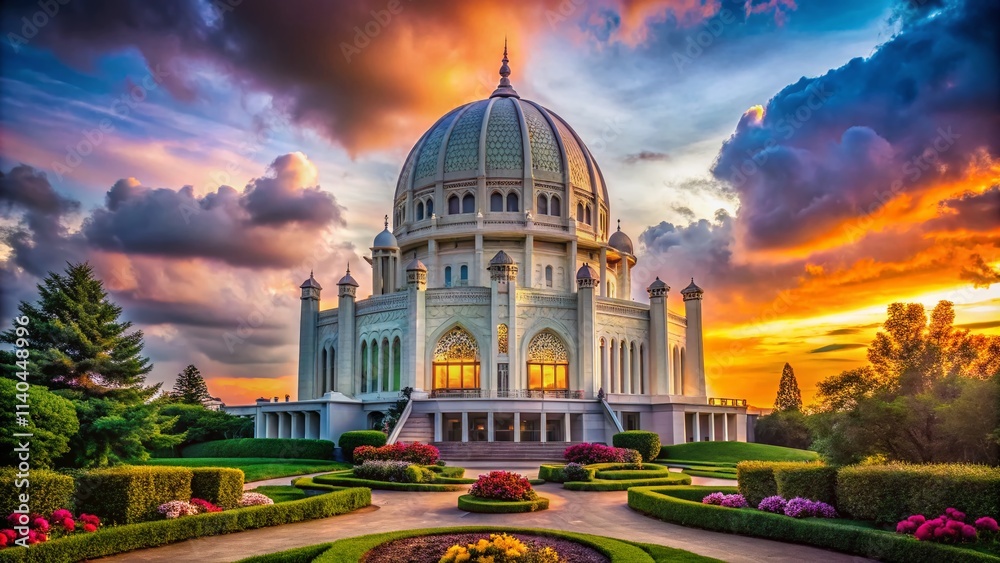 Fototapeta premium Illuminated Baha'i Temple Evanston Illinois Sunset - Chicago Landmark Photography