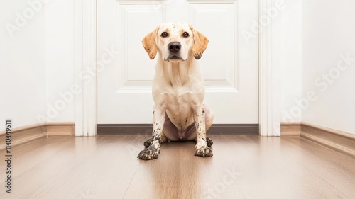 Dog with muddy paws sitting in a hallway, looking curiously at the camera.