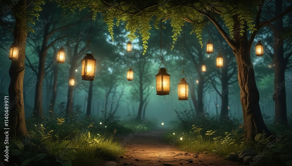 Fototapeta premium Hanging lanterns with twinkling lights in a lush green forest, natural scenery, foliage