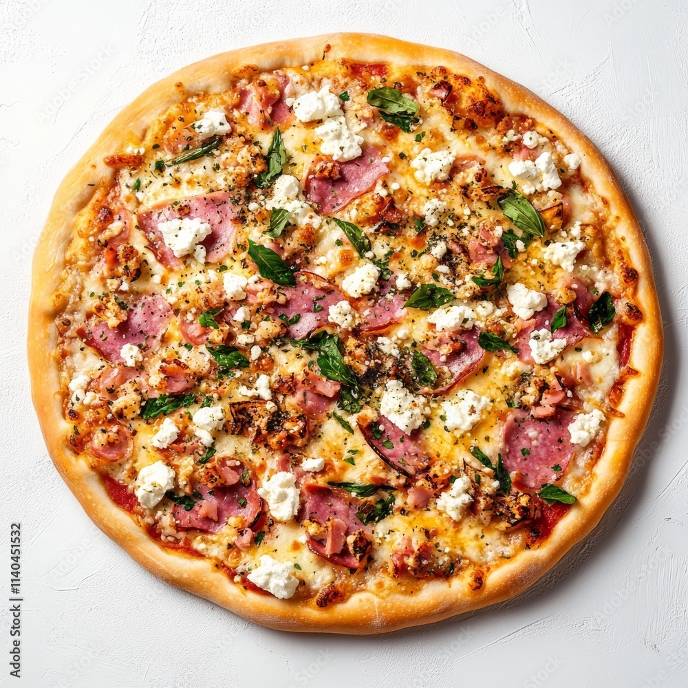 Ham, feta, and veggie pizza on white Ham, feta, and veggie pizza on white