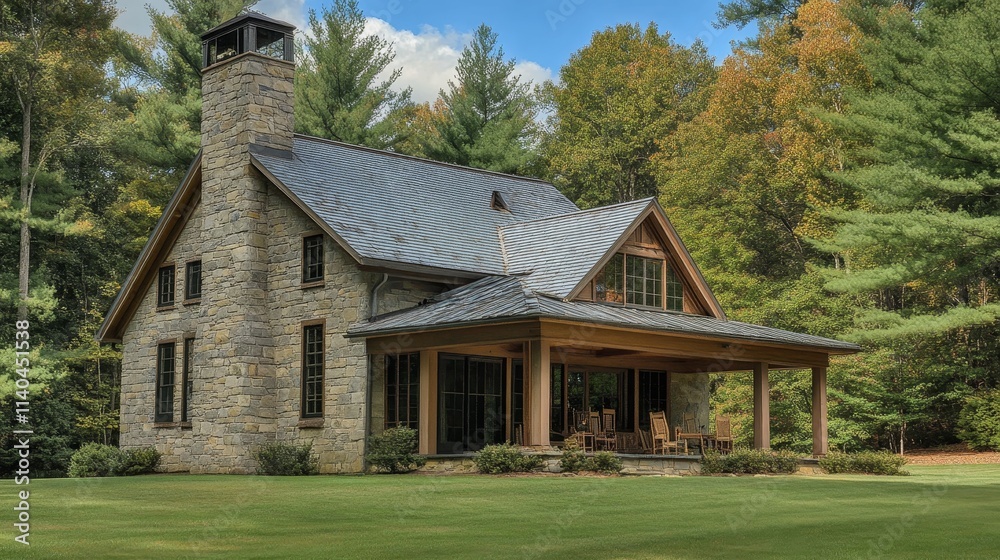 A charming stone house surrounded by trees and a manicured lawn. A charming stone house surrounded by trees and a manicured lawn.