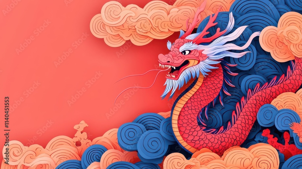 Papercut dragon entangled with swirling clouds and glowing Chinese New Year symbols, exuding magic and wonder Papercut dragon entangled with swirling clouds and glowing Chinese New Year symbols, exuding magic and wonder