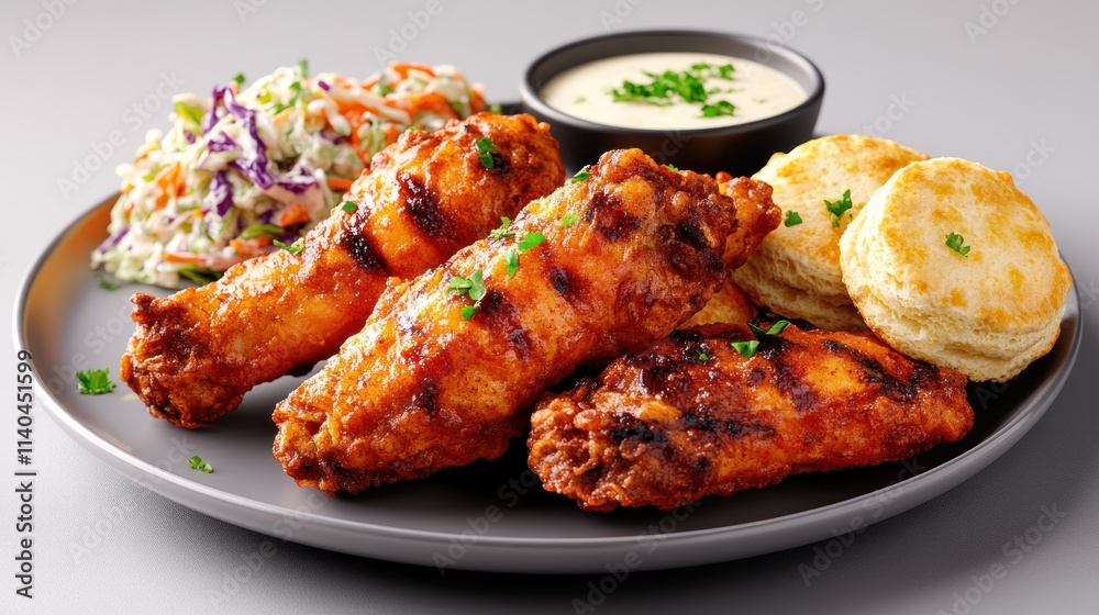 A delicious plate featuring chicken wings, biscuits, and coleslaw. A delicious plate featuring chicken wings, biscuits, and coleslaw.