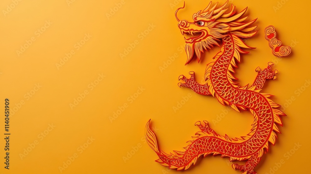 Obraz premium Papercutstyle dragon breathing fire over a table of Chinese New Year delicacies in a magical celebration scene