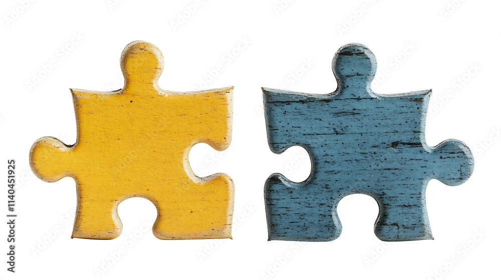Fototapeta premium Connected Puzzle Pieces: Yellow and Teal Wooden Jigsaw Detail. AI Generated