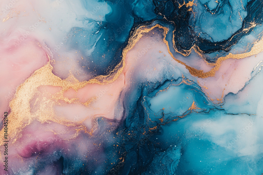 Fototapeta premium Abstract fluid art featuring blue, pink, and gold colors for modern decor