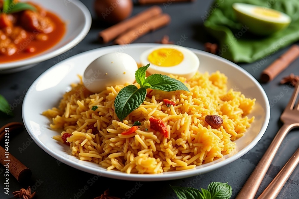 Delightful Yellow Rice Dish with Eggs and Sauce: Perfect for Lunch or Dinner, Vibrant and Appetizing Meal. Delightful Yellow Rice Dish with Eggs and Sauce: Perfect for Lunch or Dinner, Vibrant and Appetizing Meal.