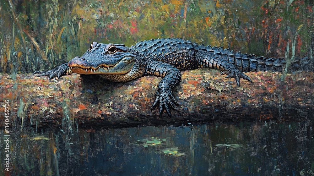 Alligator resting on log in swamp. Alligator resting on log in swamp.