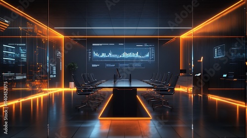 A futuristic office with AR-powered projections of business metrics glowing on smooth glass walls, sleek metallic furniture, ambient LED lighting, and a clean,