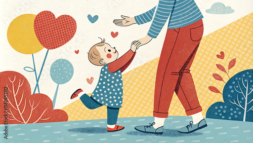 Baby first steps with parent holding hands in a park