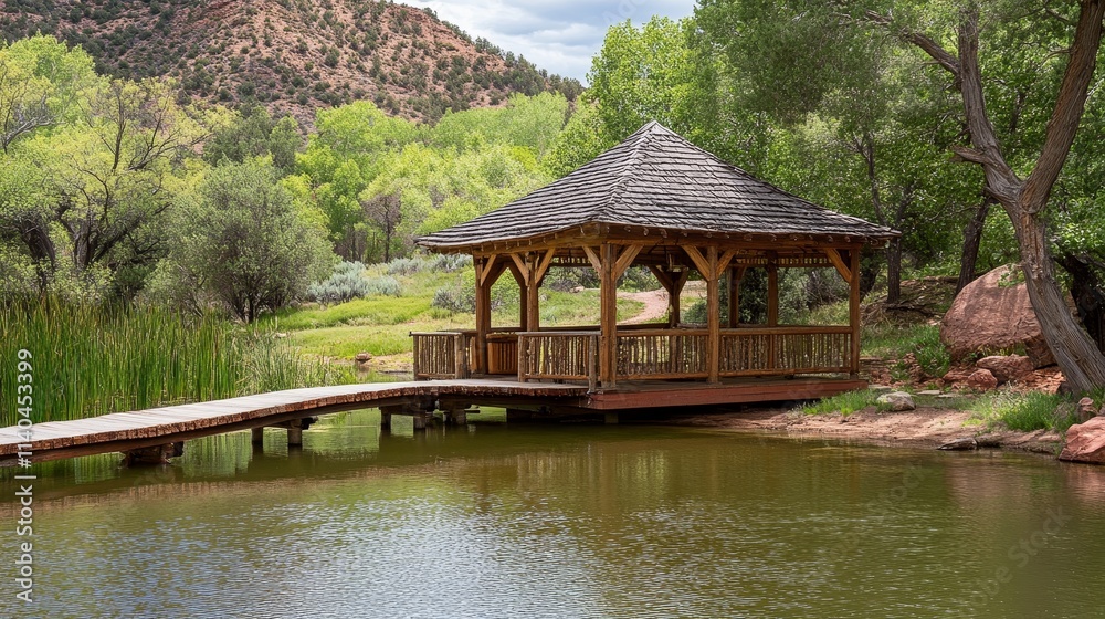 A serene gazebo by a tranquil pond surrounded by lush greenery and mountain, stunning, background. A serene gazebo by a tranquil pond surrounded by lush greenery and mountain, stunning, background.