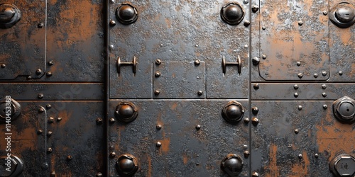 Fototapeta Naklejka Na Ścianę i Meble -  Detailed texture of aged spaceship hull metal featuring rivets and rust spots with industrial appeal