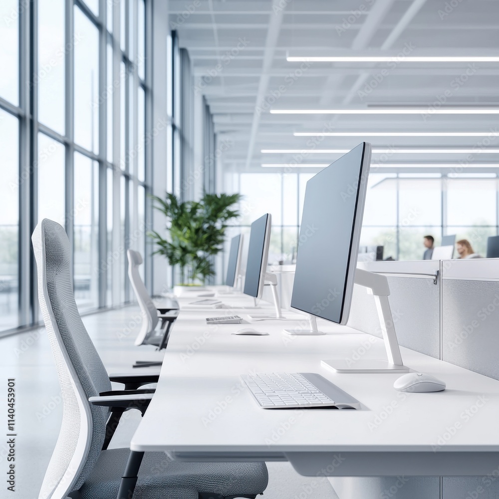 Fototapeta premium Modern Bright Office Interior Featuring Minimalist Desks with Computers, Ergonomic Chairs, Large Windows, and Green Plants for a Productive Work Environment