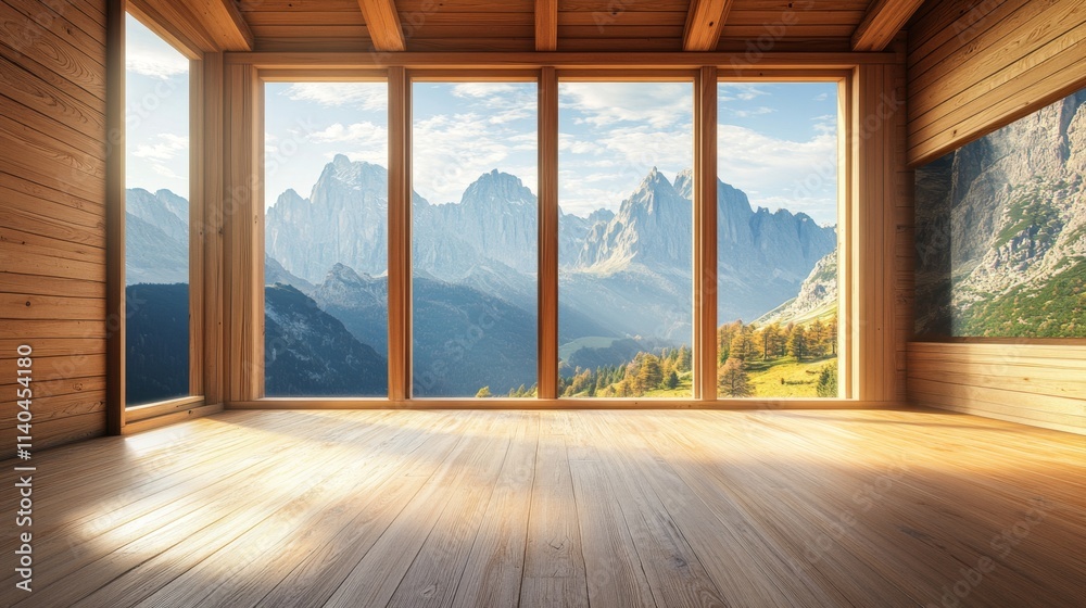 Fototapeta premium Mountain View from a Modern Cabin Interior with Large Windows