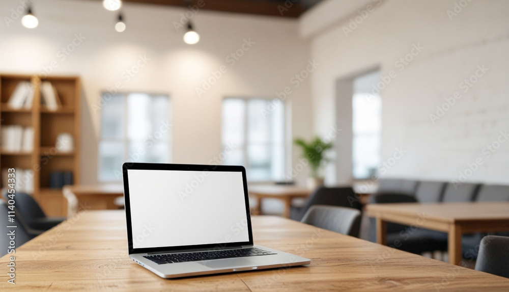 Laptop mockup, blank white screen laptop on wooden table with office room blur background. Generative AI Laptop mockup, blank white screen laptop on wooden table with office room blur background. Generative AI
