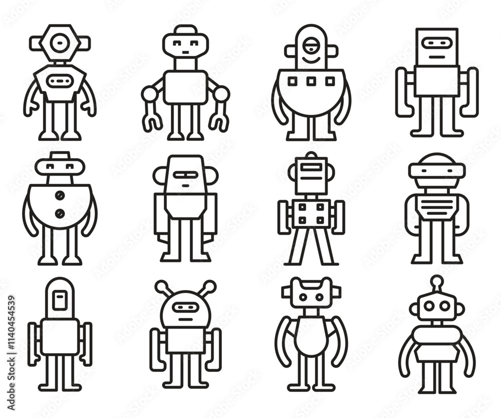 cartoon robot icons set line illustration cartoon robot icons set line illustration