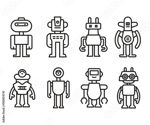 cartoon robot icons set line illustration