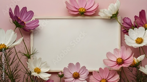 a blank white frame surrounded by pink, white, and purple cosmos flowers on a soft pink background, perfect for text or design