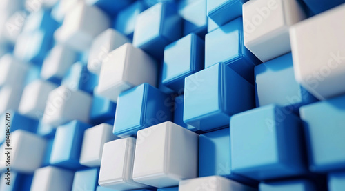 A blue and white wall made of cubes. The blue and white cubes are arranged in a pattern that creates a sense of depth and dimension. 