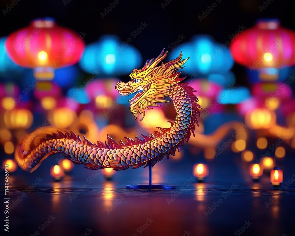 Obraz premium Papercut dragon coiling through a sea of glowing Chinese New Year lanterns, symbolizing good fortune