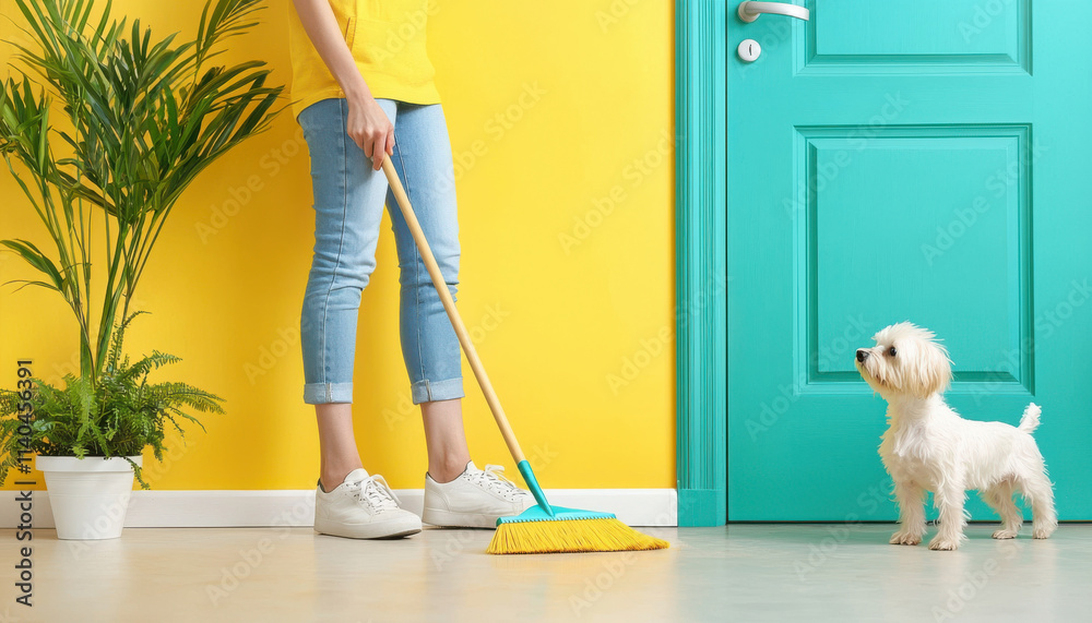 Fototapeta premium person sweeping bright entryway with dog nearby, creating tidy space