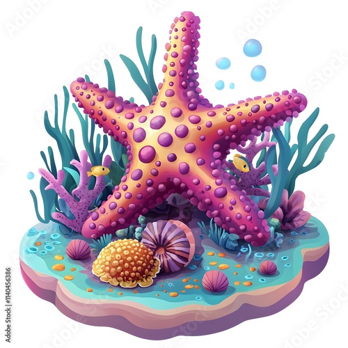 Undersea Star: A vibrant illustration of a starfish in a coral reef setting.  A digital painting showcasing marine life in a whimsical, colorful style.  photo