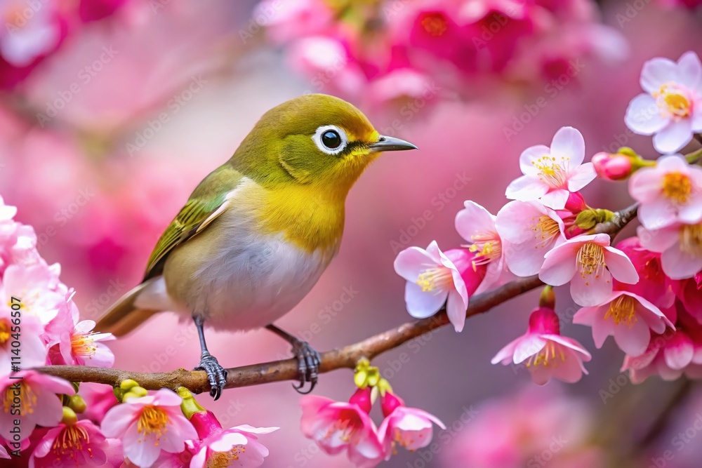 Japanese White-eye Bird on Cherry Blossom Branch - Spring Photography, Asian Bird, Wildlife, Nature Japanese White-eye Bird on Cherry Blossom Branch - Spring Photography, Asian Bird, Wildlife, Nature