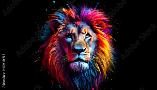 Lion, the head of a lion in a multi-colored flame. Abstract multicolored  portrait of a lion head on a black background.