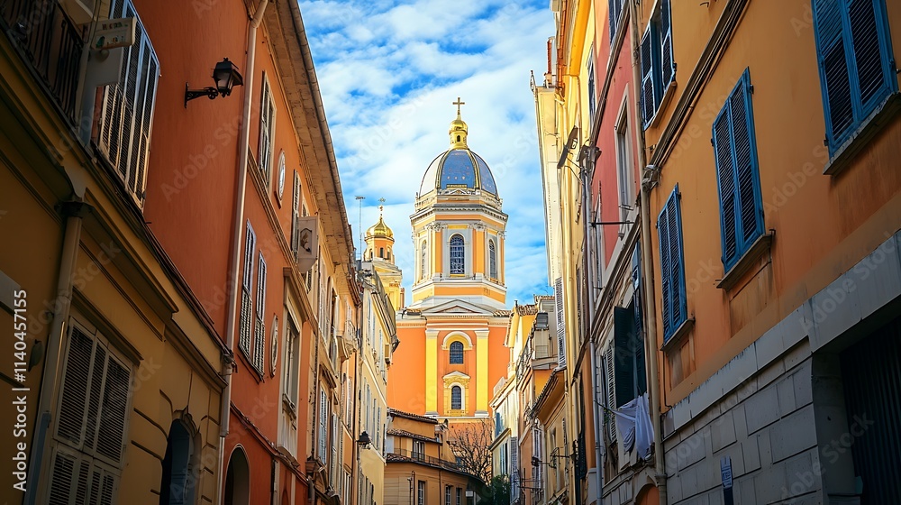 Naklejka premium Sunlit Church Dome Viewed from a Narrow City Street. AI Generated