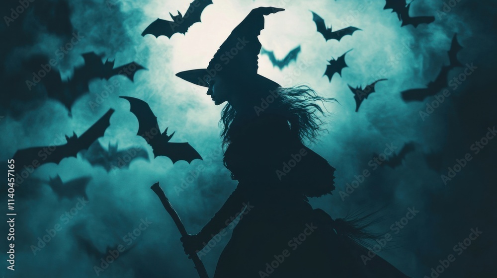 Obraz premium A young woman in a witch costume with a broomstick, surrounded by flying bats, embodying Halloween spirit