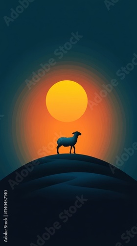 Artistic silhouette of sheep against an orange sunset, minimalist concept photo