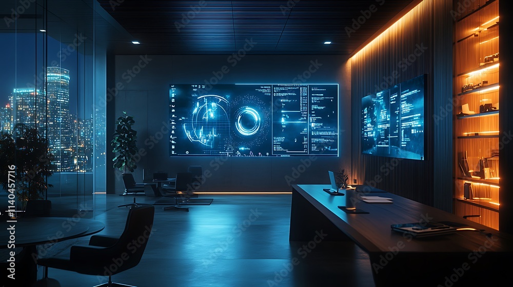 A minimalist, high-tech office with glowing timeline analytics projected on textured walls, bold ambient lighting effects, sleek modern furniture, and a polished, A minimalist, high-tech office with glowing timeline analytics projected on textured walls, bold ambient lighting effects, sleek modern furniture, and a polished,