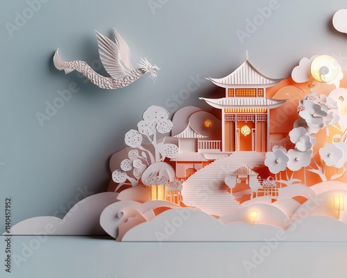 A glowing papercut dragon soaring over a mythical Chinese New Year landscape with origamiinspired architecture photo