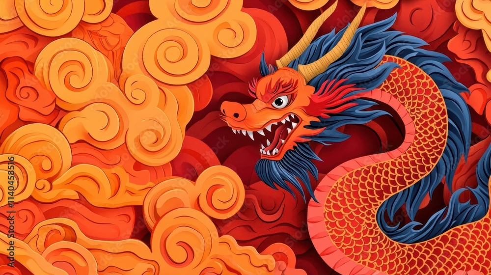 Papercut dragon entangled with swirling clouds and glowing Chinese New Year symbols, exuding magic and wonder Papercut dragon entangled with swirling clouds and glowing Chinese New Year symbols, exuding magic and wonder