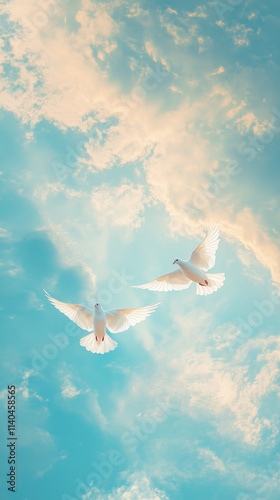 Pair of doves flying side by side in a bright blue sky, symbolizing peace and unity with soft clouds and gentle sunlight