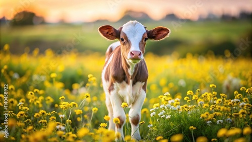 Stock photo of a cute calf in a flower field