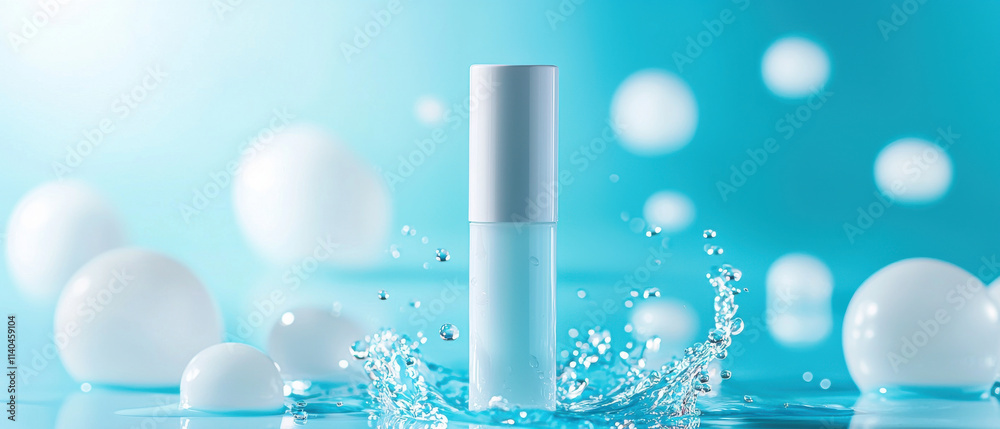 Glossy lip balm packaging with water droplets and blue background Glossy lip balm packaging with water droplets and blue background