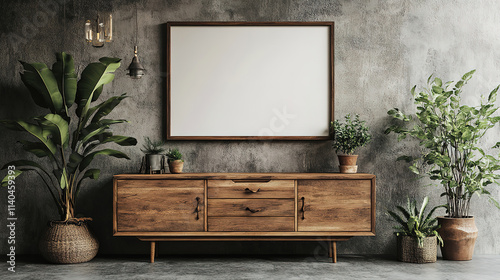 Stylish modern living room with rustic wood dresser and minimal decor against concrete wall backdrop