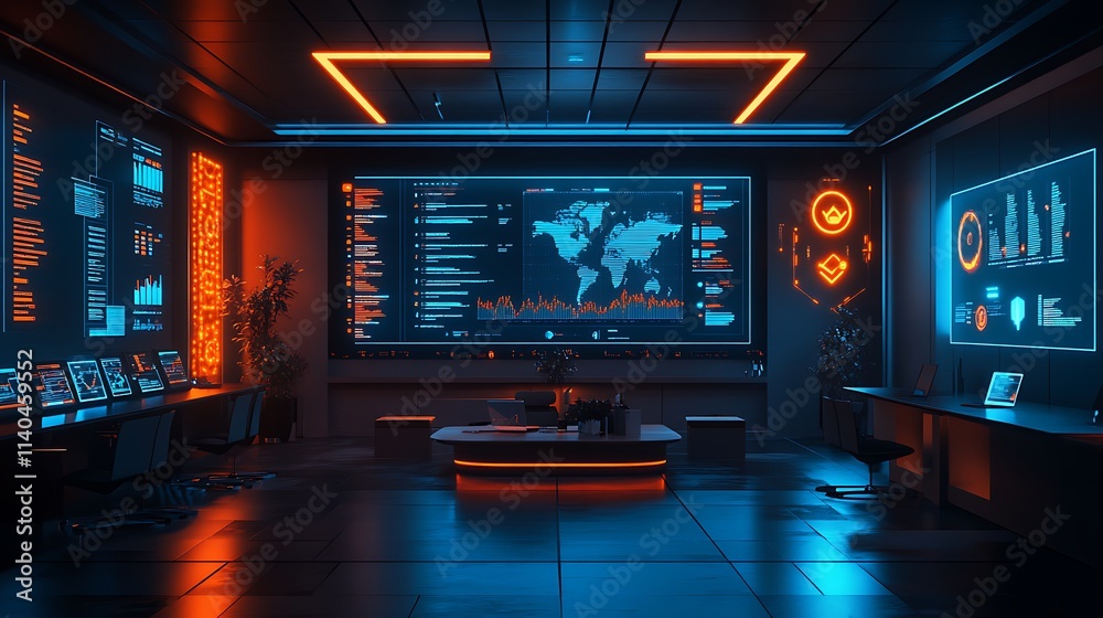 A modern startup space with animated 3D analytics dashboards on sleek digital walls, vibrant colors such as blue and orange highlighting the room, minimalistic furniture, and a dynamic, A modern startup space with animated 3D analytics dashboards on sleek digital walls, vibrant colors such as blue and orange highlighting the room, minimalistic furniture, and a dynamic,