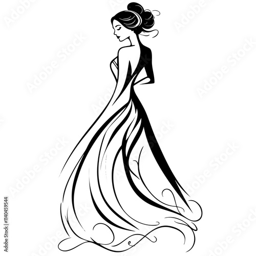 Elegant woman silhouette in flowing dress with floral design