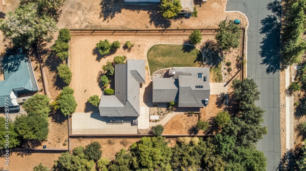 Obraz premium Aerial view of a modern home surrounded by landscaping and a road.