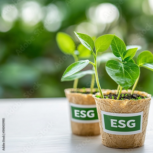 ESG concept. Two small plants in biodegradable pots labeled 