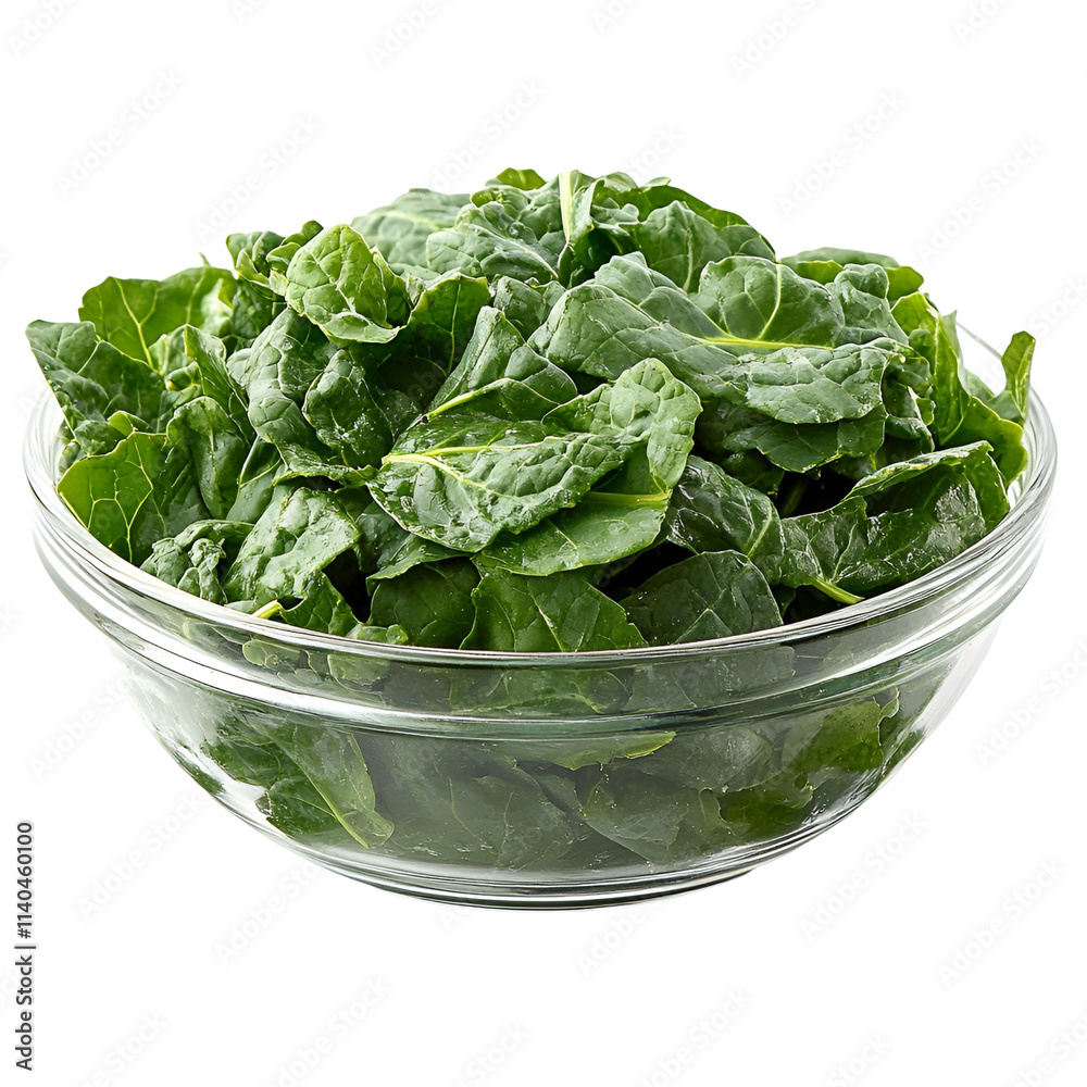 Extreme front view of delicious-looking collard greens in a glass bowl isolated on a white transparent background Extreme front view of delicious-looking collard greens in a glass bowl isolated on a white transparent background