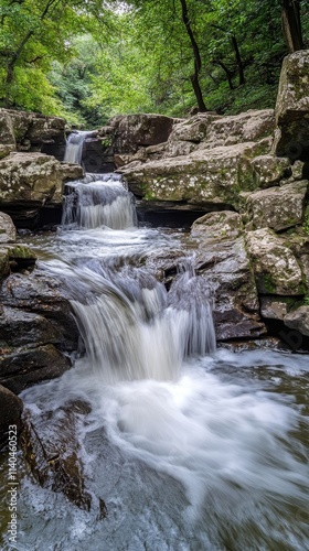 A serene waterfall cascading over rocks in a lush green forest.