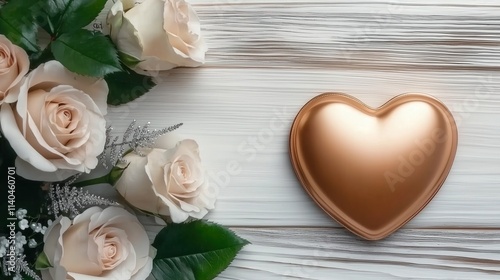 Vintage Golden Heart with Leaves and White Roses on Rustic Wood Background
